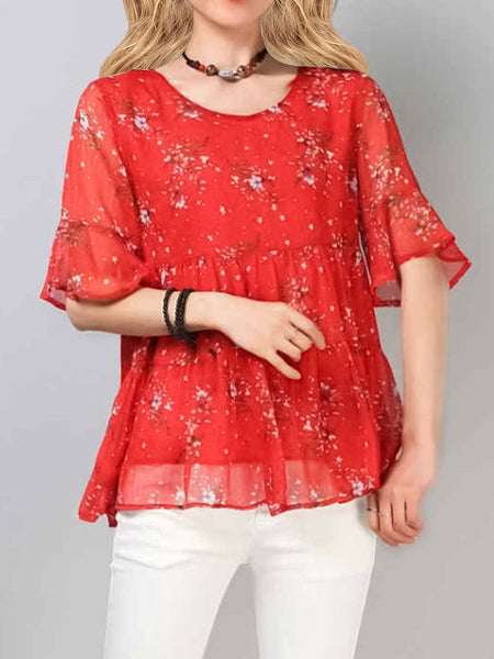 Women’s Blouses Plus Size Round Neck Floral Printed Pattern Chiffon Blouse