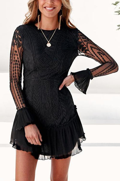 Lace Pleated Long Sleeve Ruffle Dress