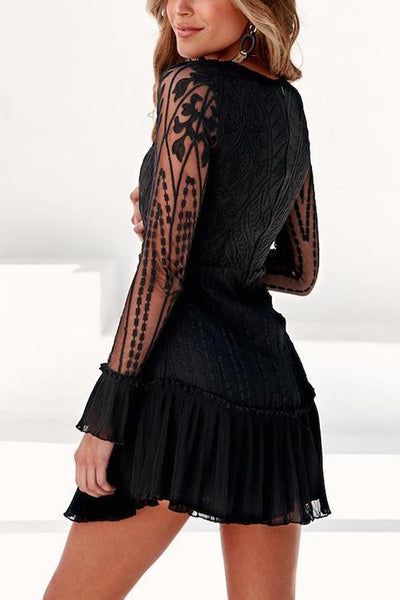 Lace Pleated Long Sleeve Ruffle Dress