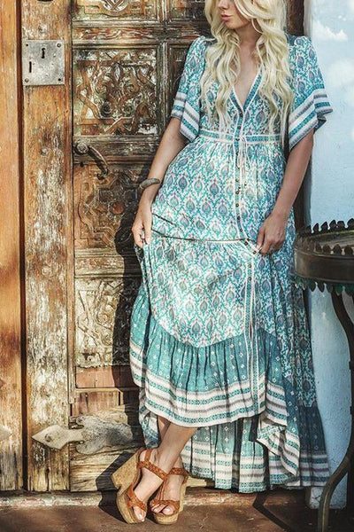 Print V Neck Short Sleeve Maxi Dress - girlyrose.com