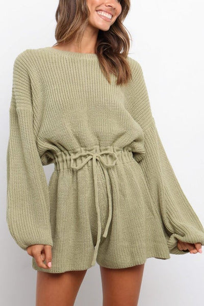 O Neck Puff Long Drawstring Sweater Romper