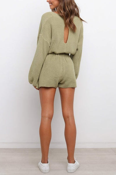 O Neck Puff Long Drawstring Sweater Romper