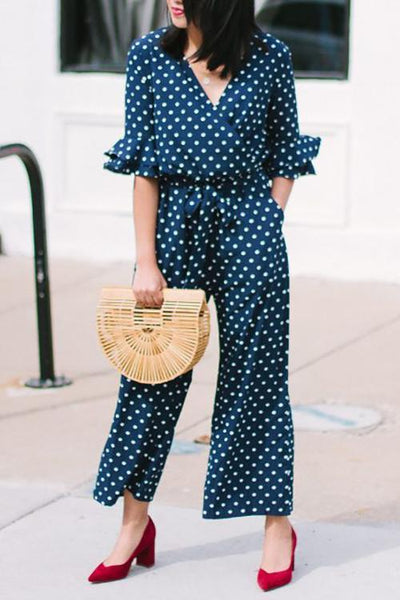 Polka Dot Hlaf Sleeve Jumpsuit - girlyrose.com