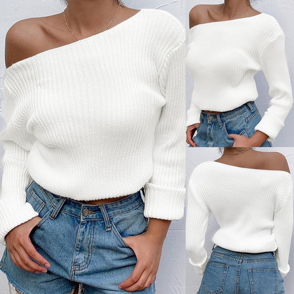 Sexy Irregular Oblique Neck One Shoulder Off Shoulder Tight Sweater - girlyrose.com