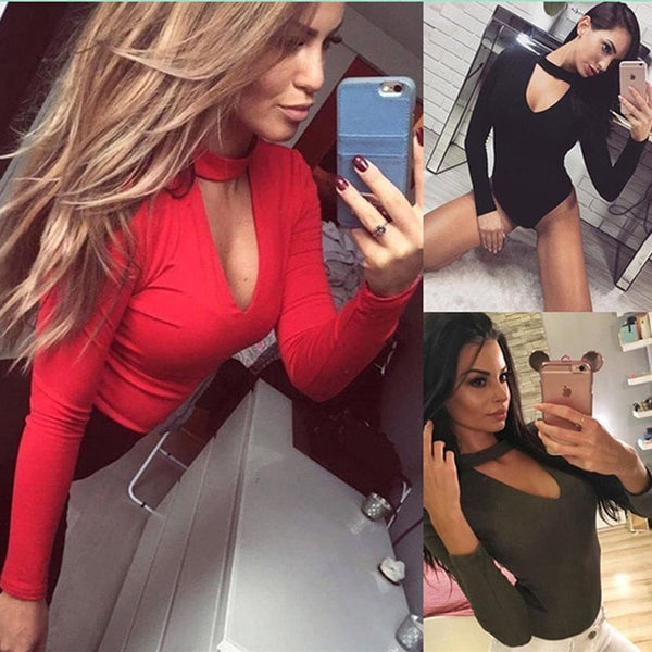 Deep V Neck Bodycon Body Suit - girlyrose.com