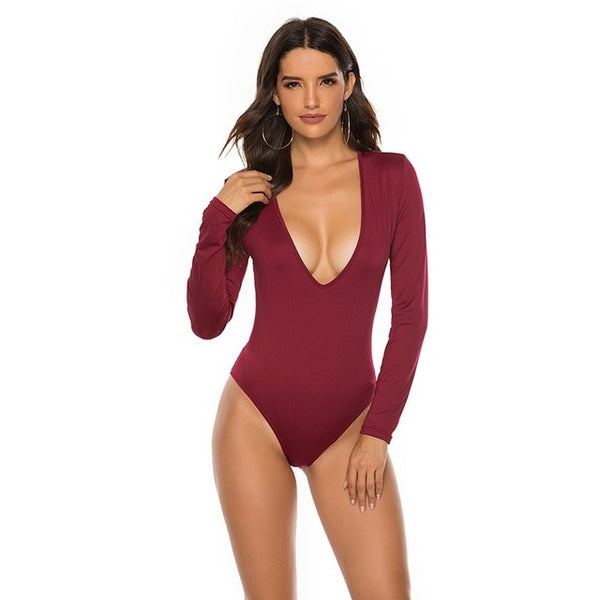 Deep V Neck Bodycon Body Suit - girlyrose.com