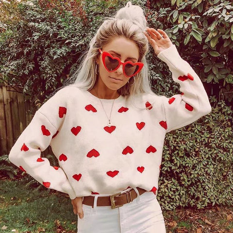 Women 'S Retro Heart Printing Loose Knitted Sweater - girlyrose.com