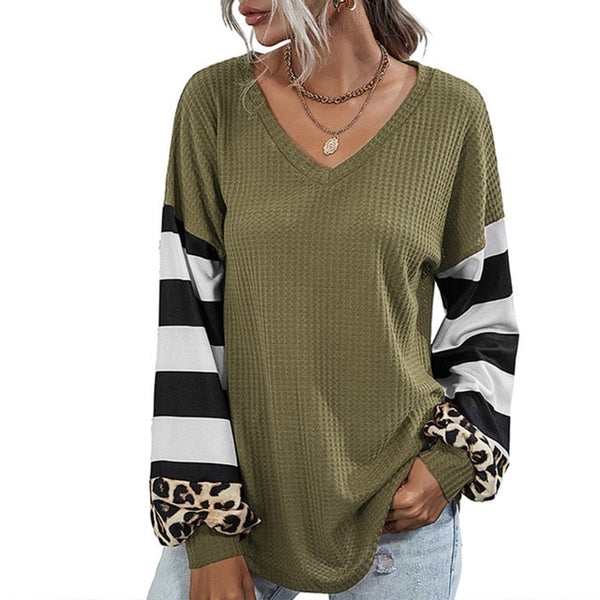 V-Neck Stripes Leopard Patchwork Top - girlyrose.com