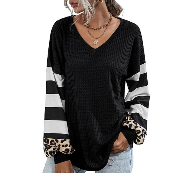 V-Neck Stripes Leopard Patchwork Top - girlyrose.com