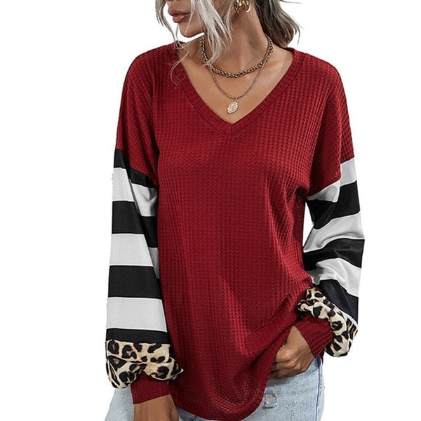 V-Neck Stripes Leopard Patchwork Top - girlyrose.com