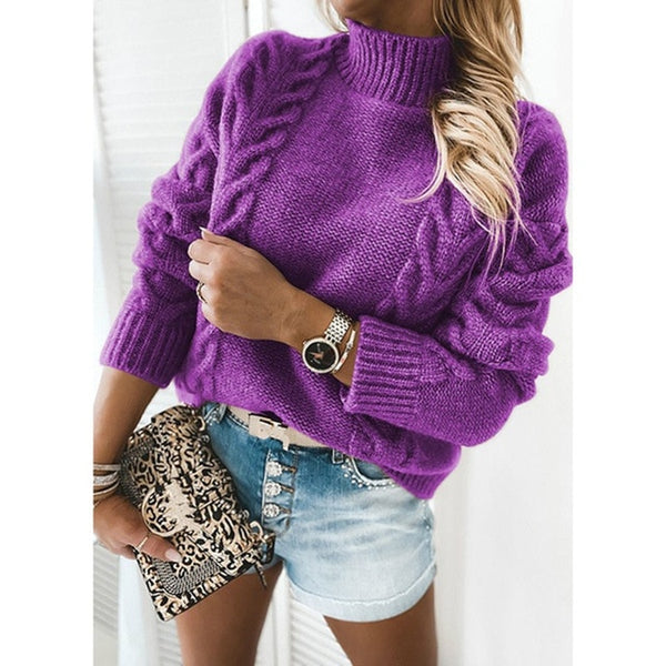 High Neck Long Sleeve Knit Sweater - girlyrose.com