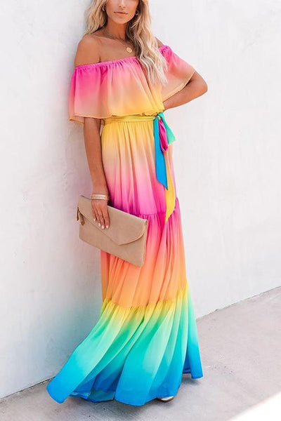 Gradient Off Shoulder Belted Maxi Dress - girlyrose.com