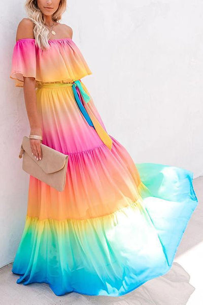Gradient Off Shoulder Belted Maxi Dress - girlyrose.com