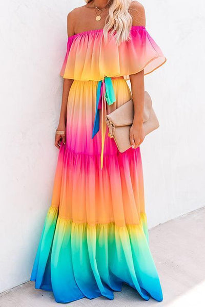 Gradient Off Shoulder Belted Maxi Dress - girlyrose.com
