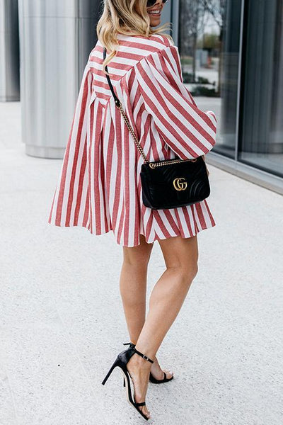 Red Stripe Long Sleeve Loose Mini Dress - girlyrose.com