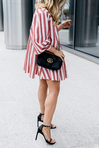 Red Stripe Long Sleeve Loose Mini Dress - girlyrose.com