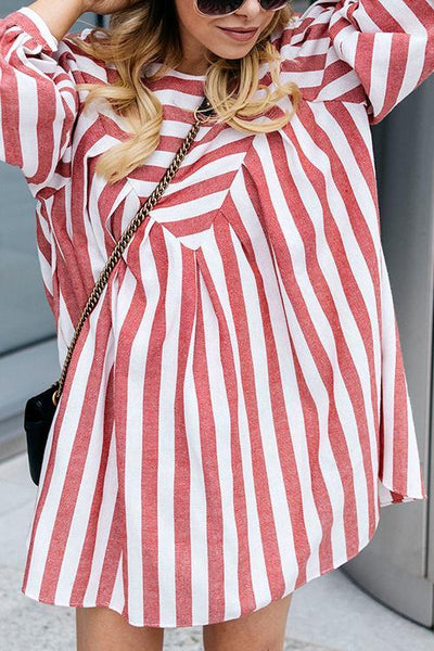Red Stripe Long Sleeve Loose Mini Dress - girlyrose.com
