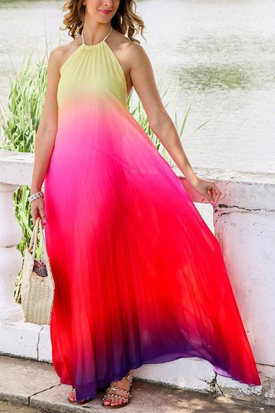 Gradient Color Halter Neck Backless Maxi Dress - girlyrose.com