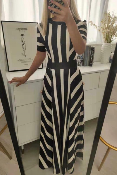 Striped Colorblock Short Sleeve Maxi Dress