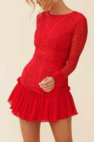 Lace Pleated Long Sleeve Ruffle Dress