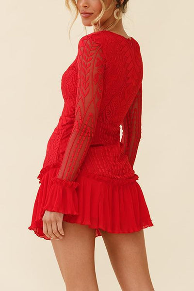 Lace Pleated Long Sleeve Ruffle Dress