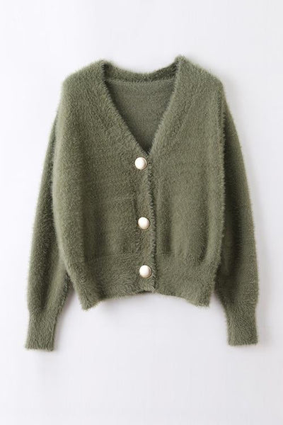 Fuzzy Button V Neck Cardigan